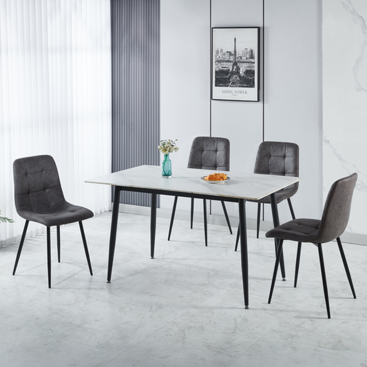 Fenton Dining Set with 4 Chairs - White & Dark Grey Suede Fabric