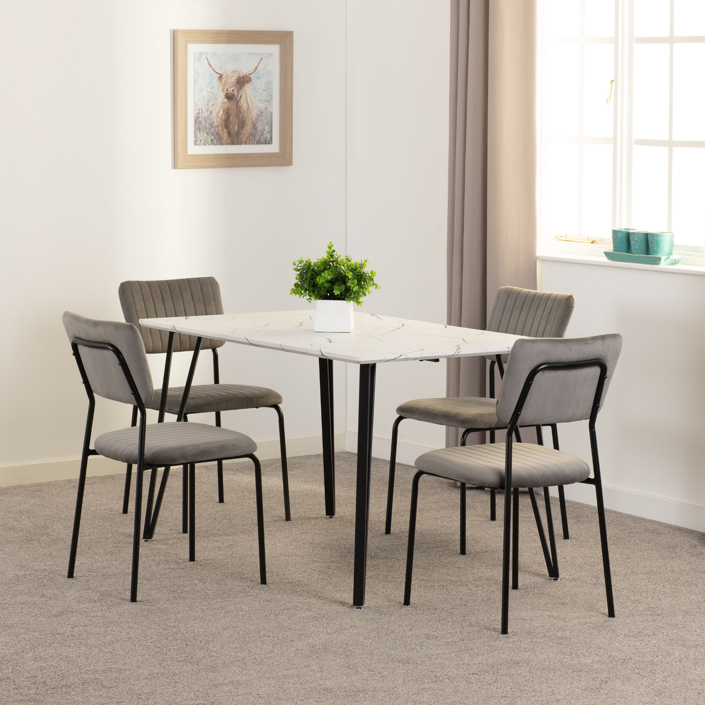Marlow & Sheldon Dining Set - White Marble/Grey Velvet (4 Chairs)