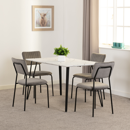 Marlow & Sheldon Dining Set - White Marble/Grey Velvet (4 Chairs)