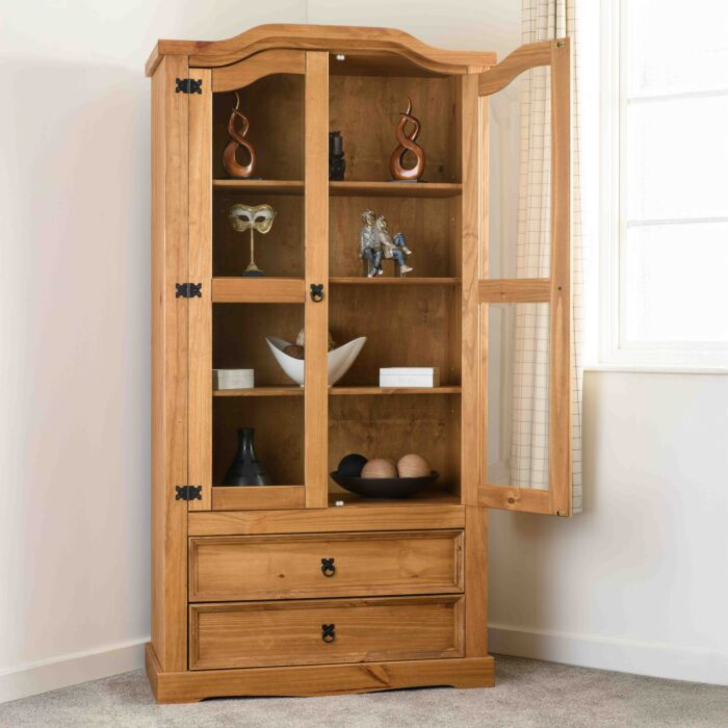 Corona 2 Door 2 Drawer Glass Display Cabinet – Distressed Waxed Pine