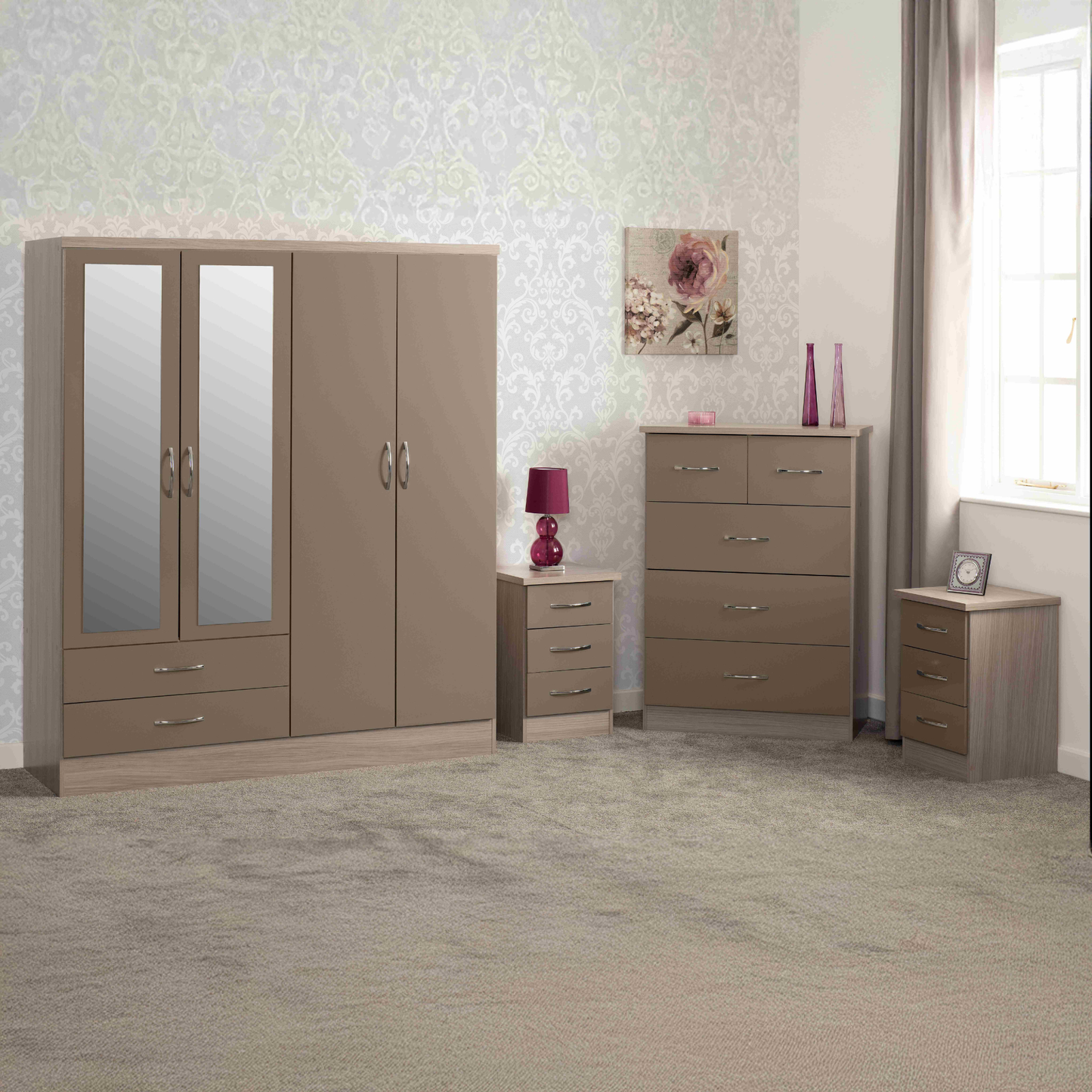 Nevada 4 Door 2 Drawer Wardrobe – Oyster Gloss & Oak | Large Bedroom Wardrobe UK