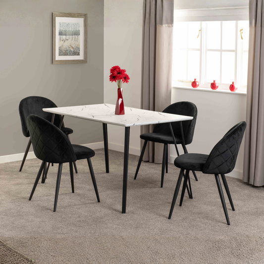 Marlow Dining Set 4 Chairs White Marble/Black Velvet
