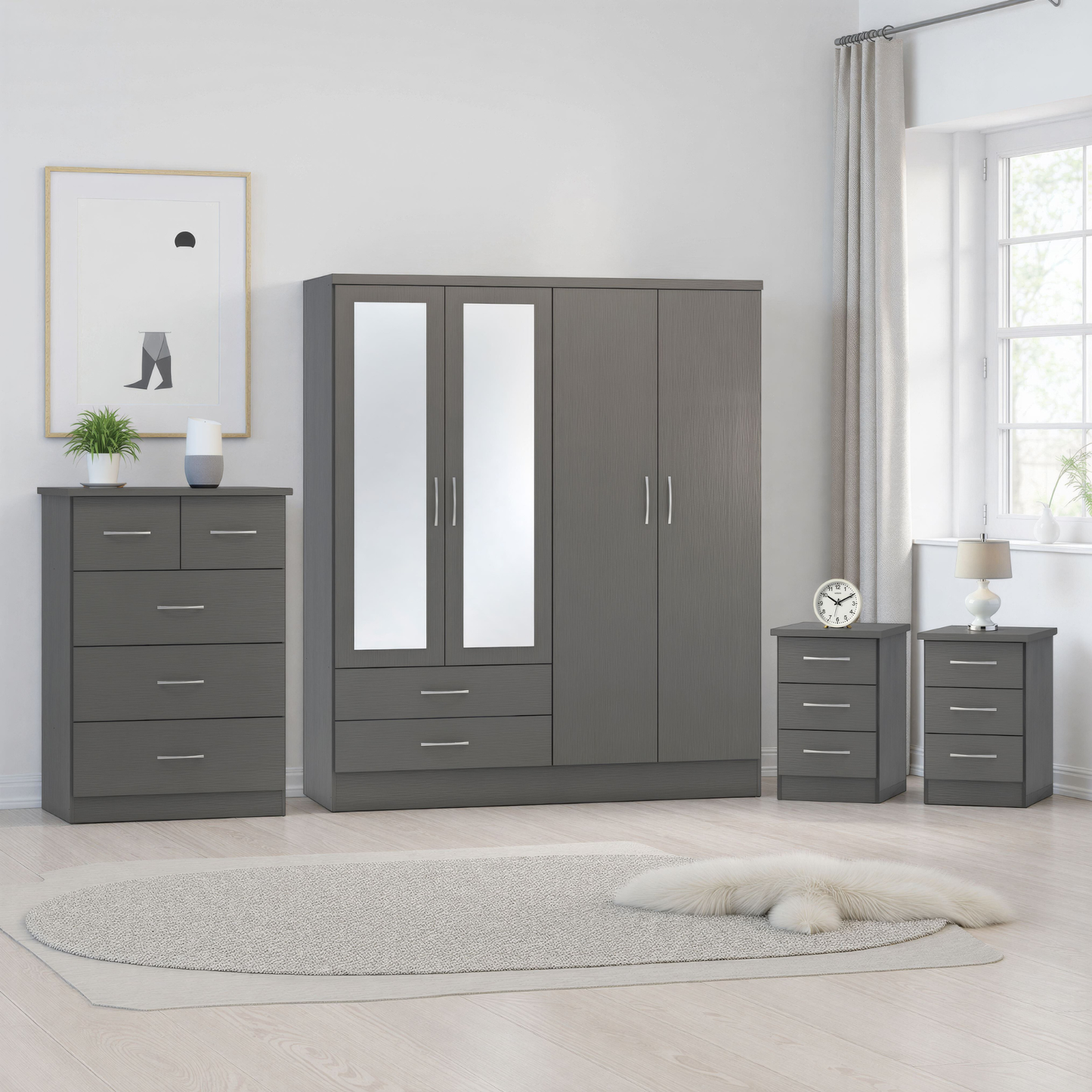 Nevada 4 Door 2 Drawer Wardrobe - 3D Effect Grey