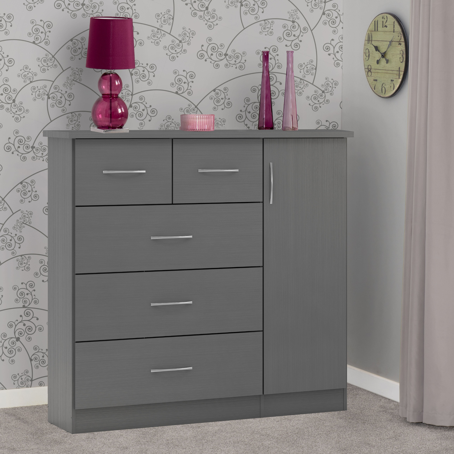 Nevada 5 Drawer Low Wardrobe - 3D Effect Grey