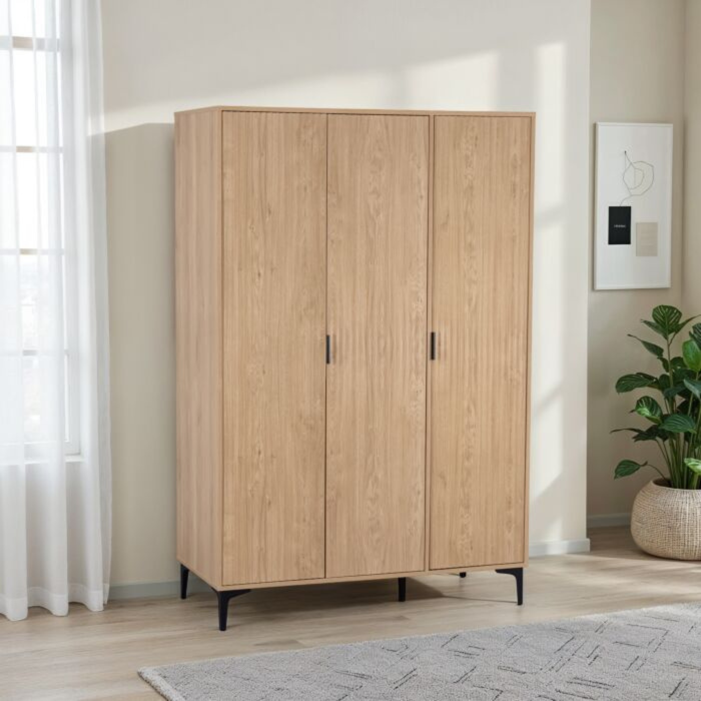 Miami 3 Door Wardrobe – Oak Effect & Black, Dual Storage