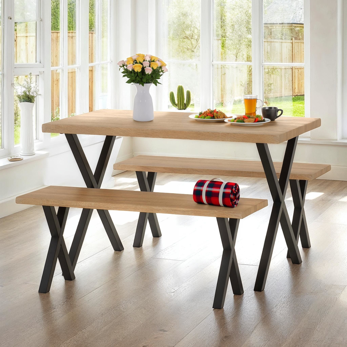 Buxton Dining Bench Set - Light Oak Effect & Black