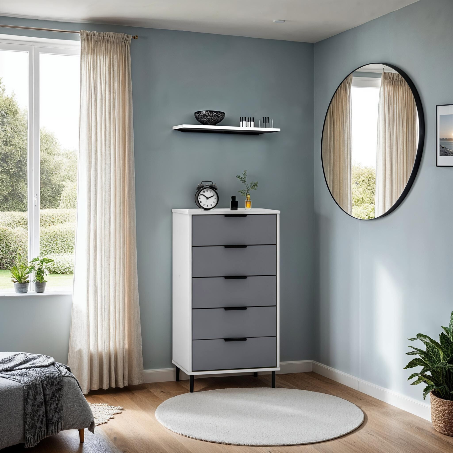 Madrid 5 Drawer Narrow Chest – Grey/White Gloss, Stylish Storage