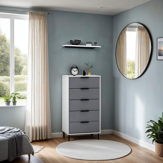 Madrid 5 Drawer Narrow Chest – Grey/White Gloss, Stylish Storage