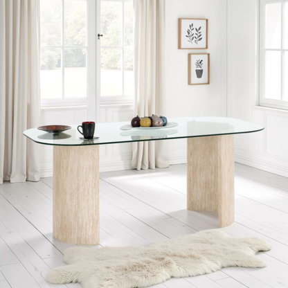 Modena Dining Table in Clear Glass & Cream Marble Effect