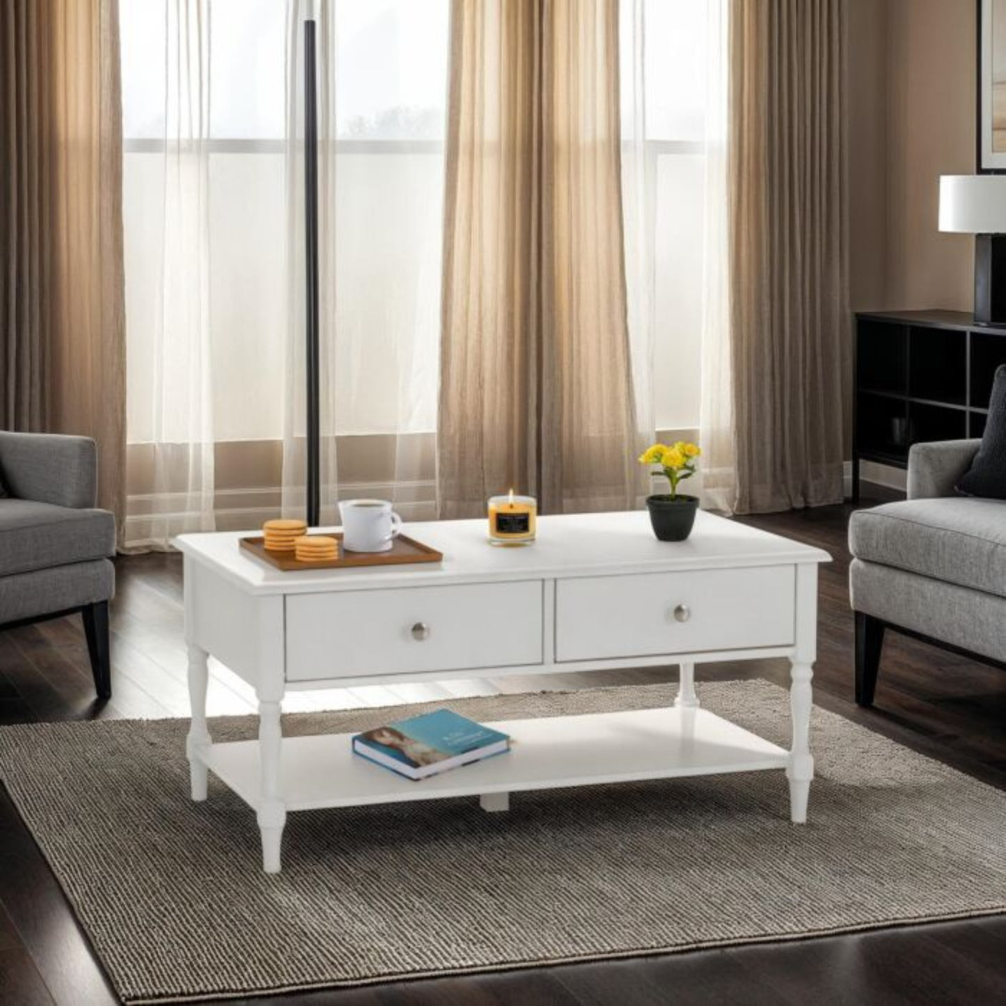 Stratford 2 Drawer Coffee Table - White, Modern Storage Design