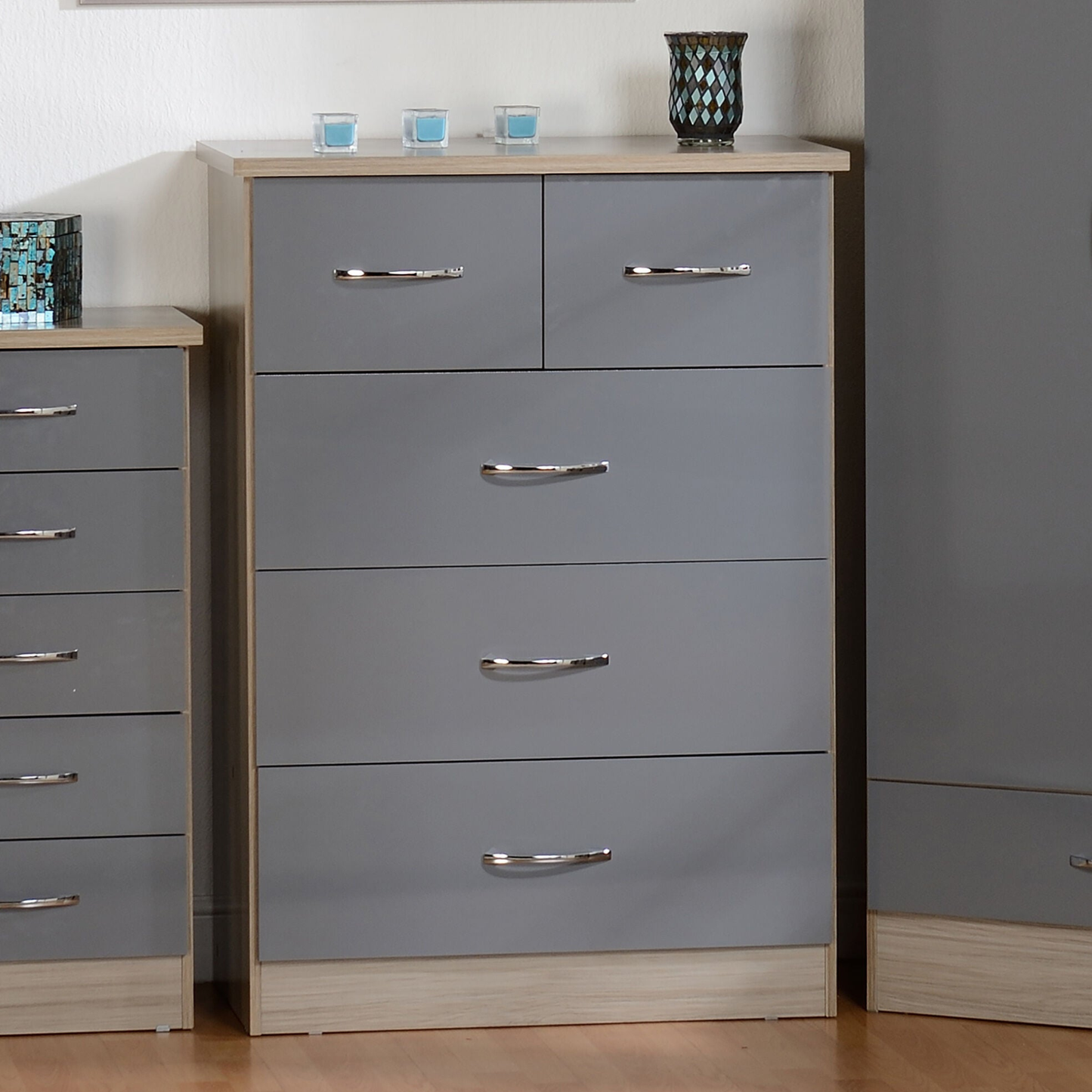 Nevada 3+2 Drawer Chest - Grey Gloss/Light Oak Effect Veneer
