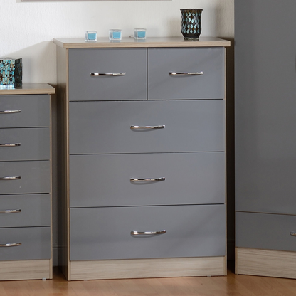 Nevada 3+2 Drawer Chest - Grey Gloss/Light Oak Effect Veneer