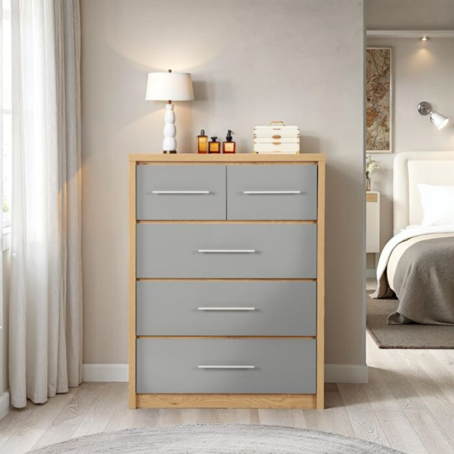 Seville 3+2 Drawer Chest - Grey Gloss/Light Oak Effect