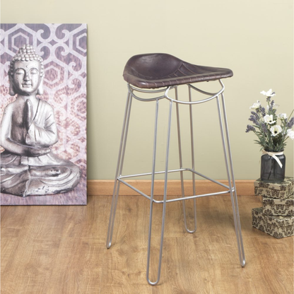 Soneri Artisan Grey Leather Breakfast Bar Stool – Heavy Duty Metal Frame