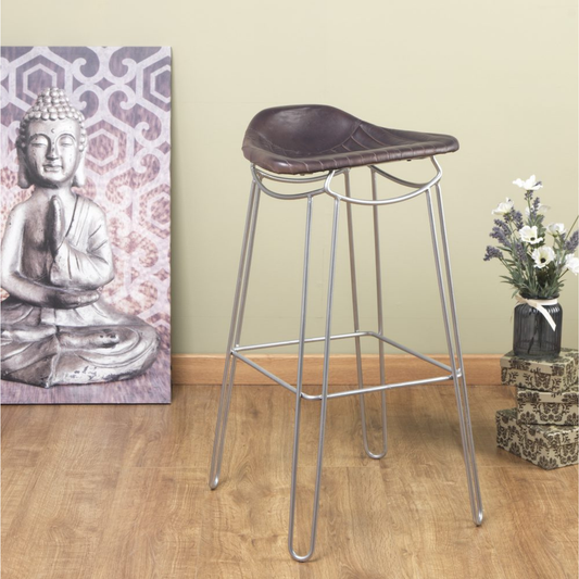 Soneri Artisan Grey Leather Breakfast Bar Stool – Heavy Duty Metal Frame