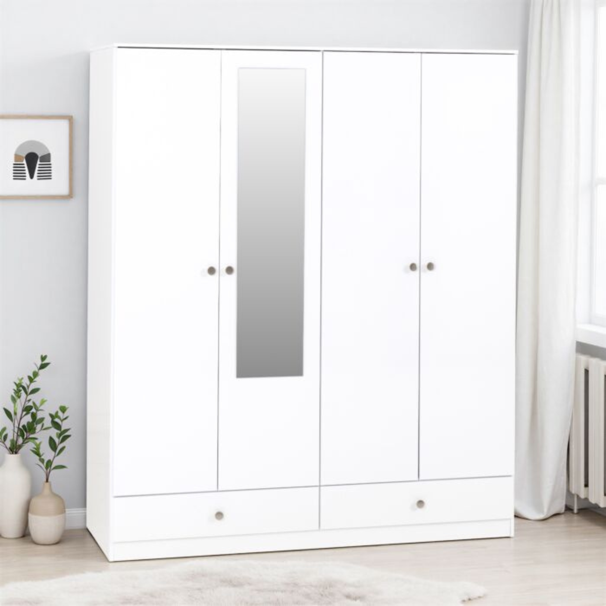 Denver 4 Door 2 Drawer Mirrored Wardrobe – White Gloss