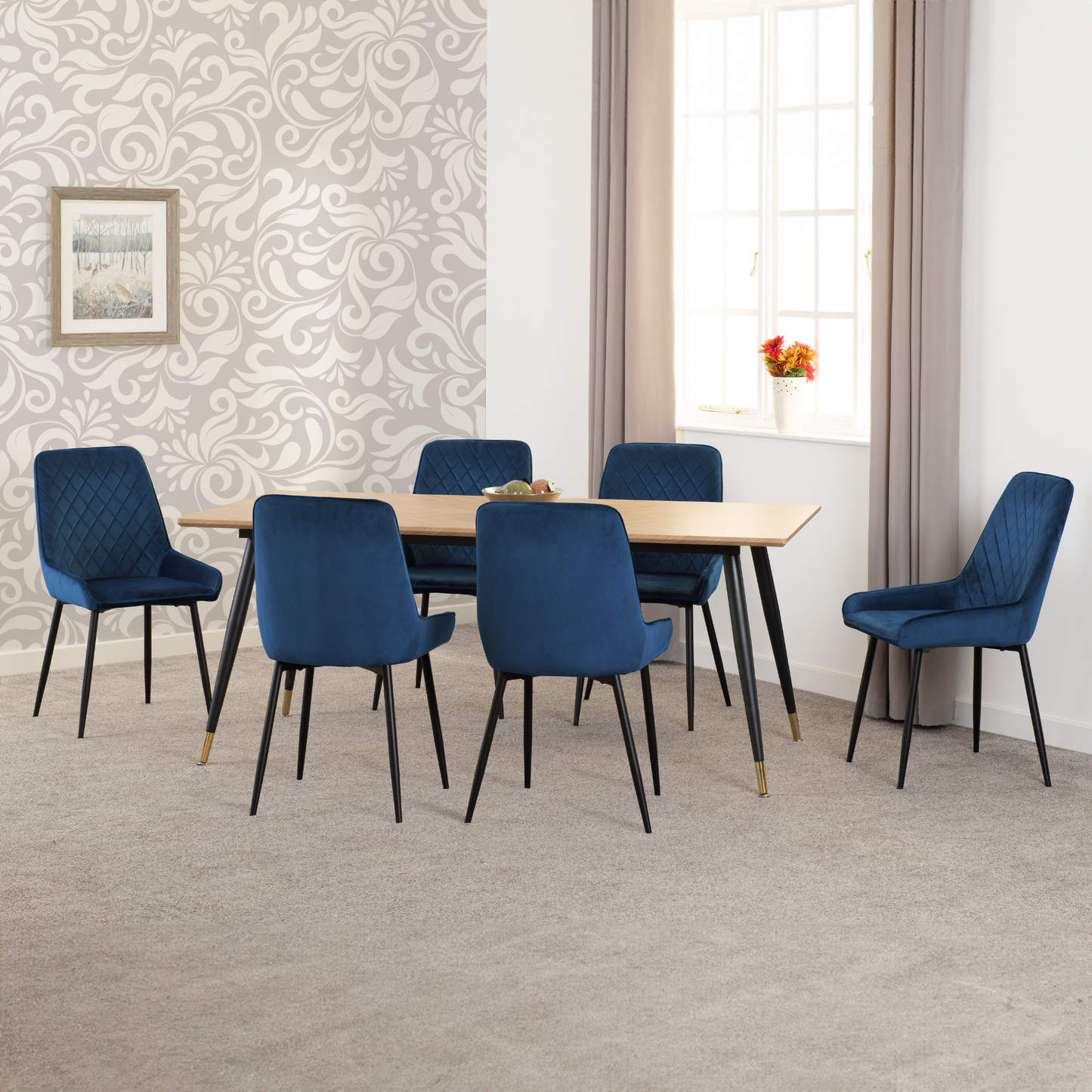 Hamilton & Avery Large Dining Set (6 Chairs) - Oak/Sapphire Blue Velvet