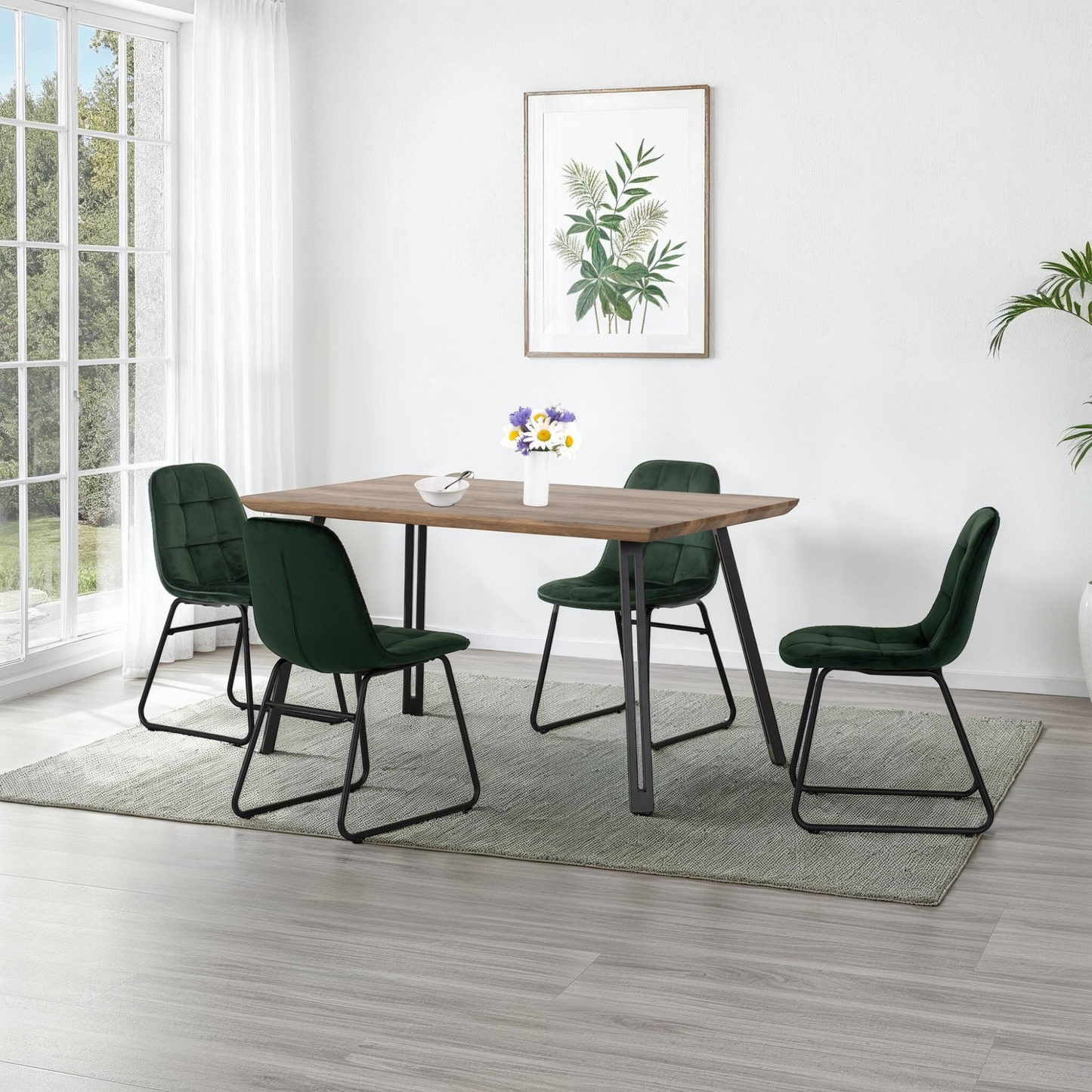 Quebec Straight & Lukas Dining Set - Oak Effect/Green Velvet