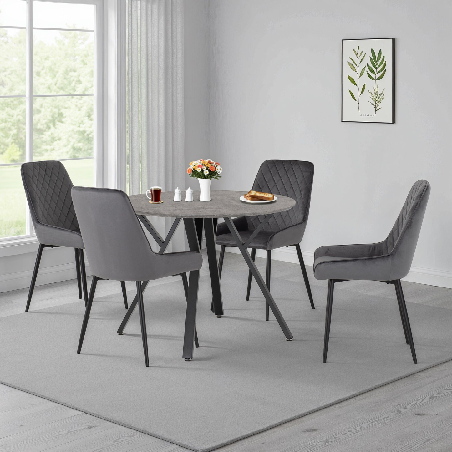 Athens Round Dining Set with 4 Avery Chairs - Concrete & Grey Velvet