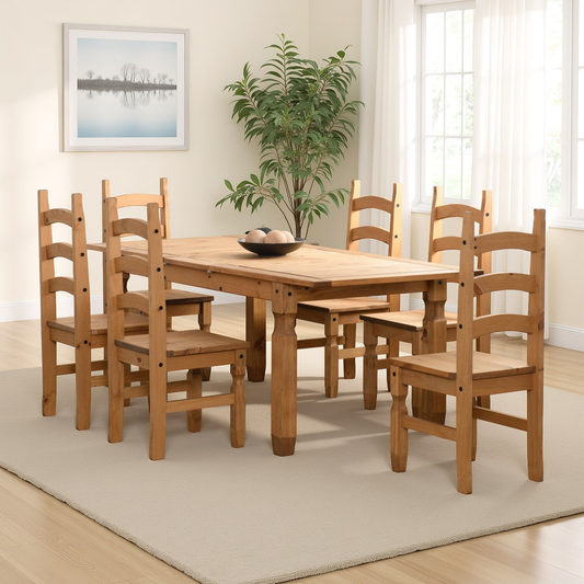 Corona Extending Dining Set with 6 Chairs - Distressed Waxed Pine