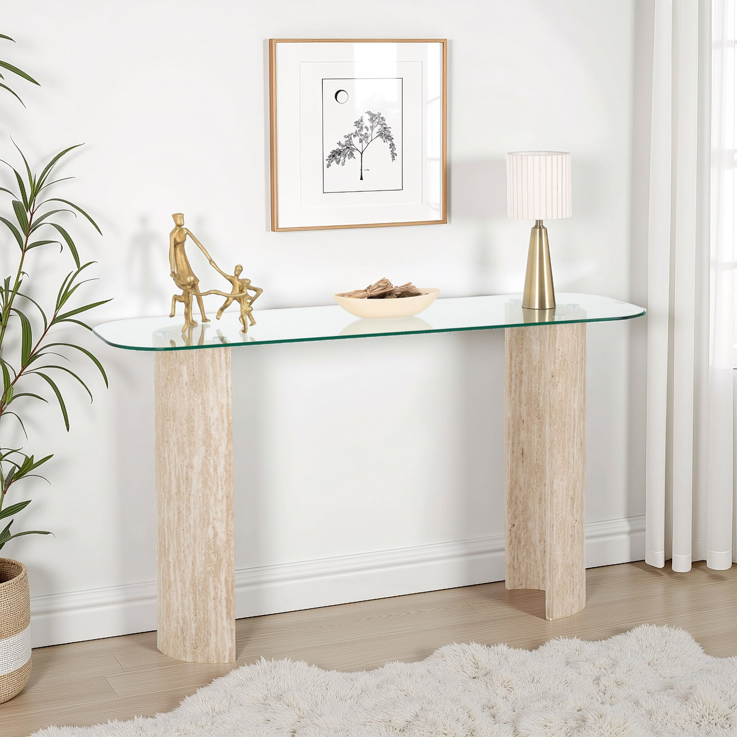 Modena Console Table - Clear Glass & Cream Marble Effect