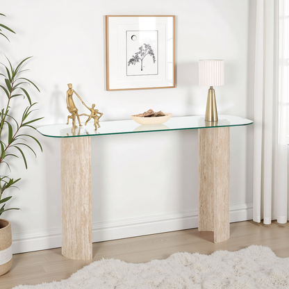 Modena Console Table - Clear Glass & Cream Marble Effect