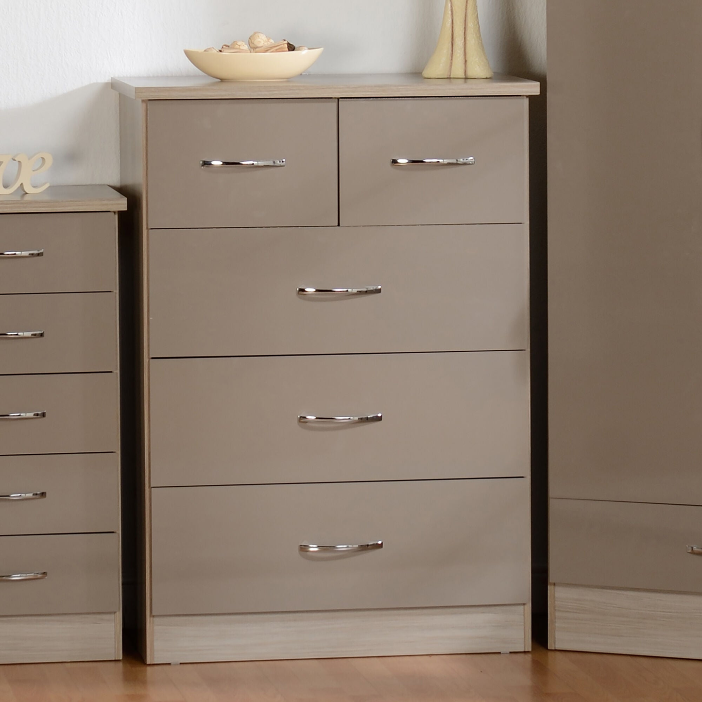 Nevada 3+2 Drawer Chest - Oyster Gloss/Light Oak Effect Veneer