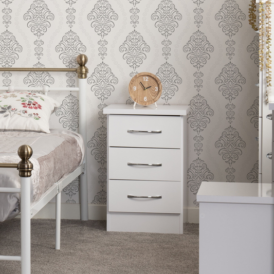 Nevada 3 Drawer Bedside – White Gloss Storage