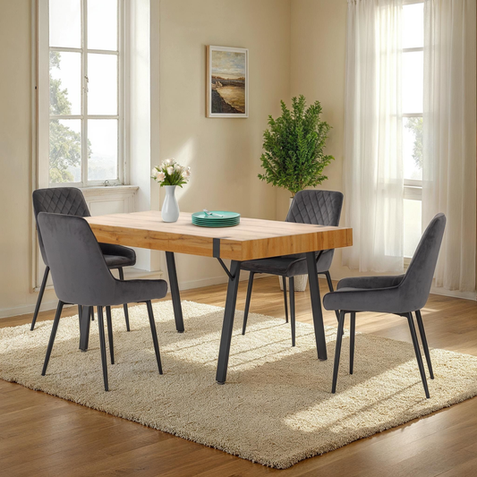 Treviso & Avery Dining Set - Light Oak Effect/Grey Velvet