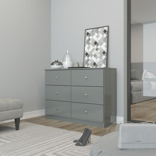 Denver 6 Drawer Chest – Grey Gloss, Spacious Bedroom Storage