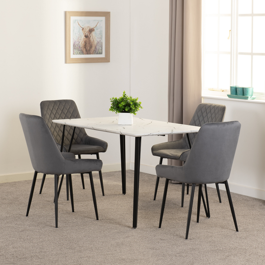 Marlow & Avery Dining Set (4 Chairs) - White Marble/Grey Velvet