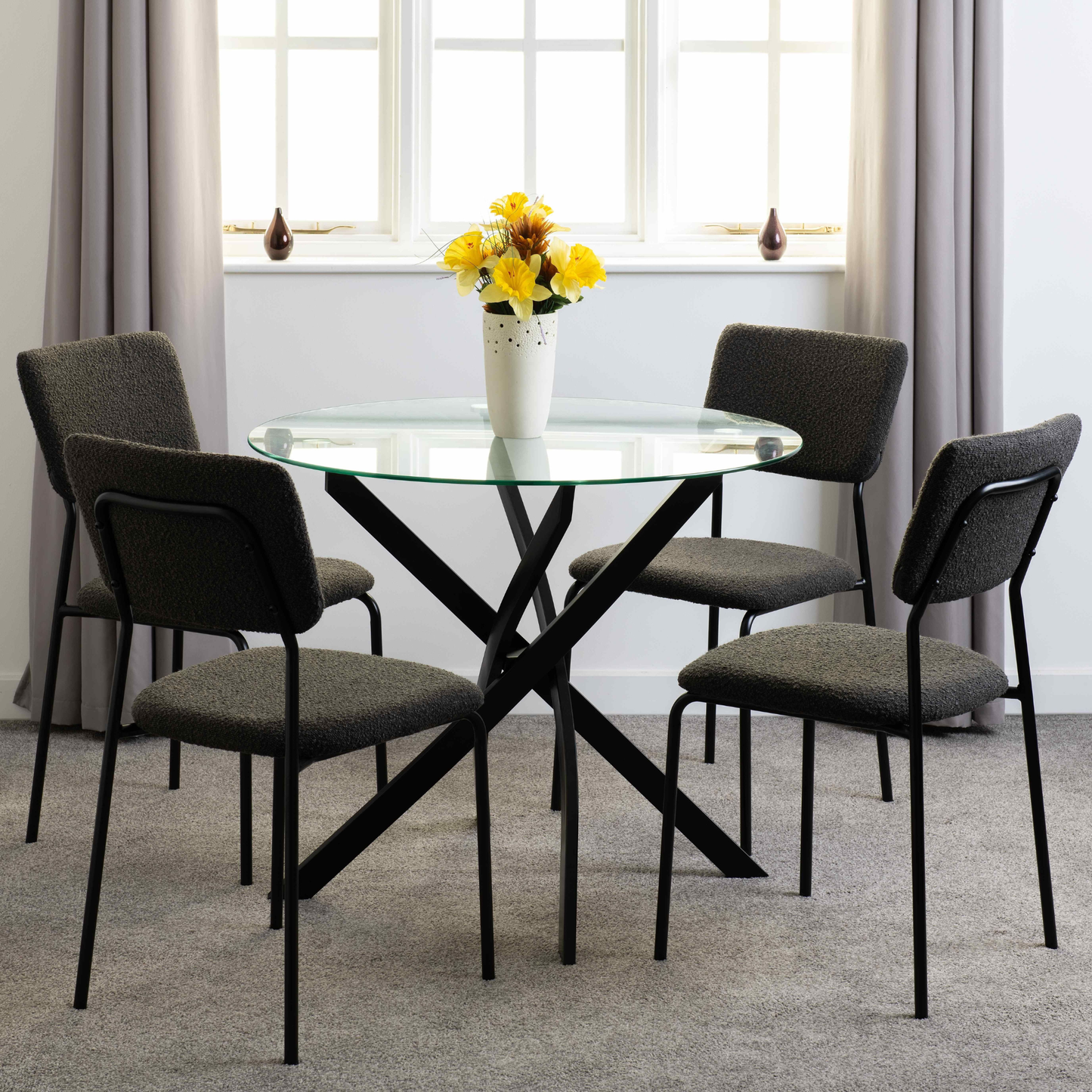 Sheldon Round Glass Top Dining Set - Clear Glass/Grey Boucle