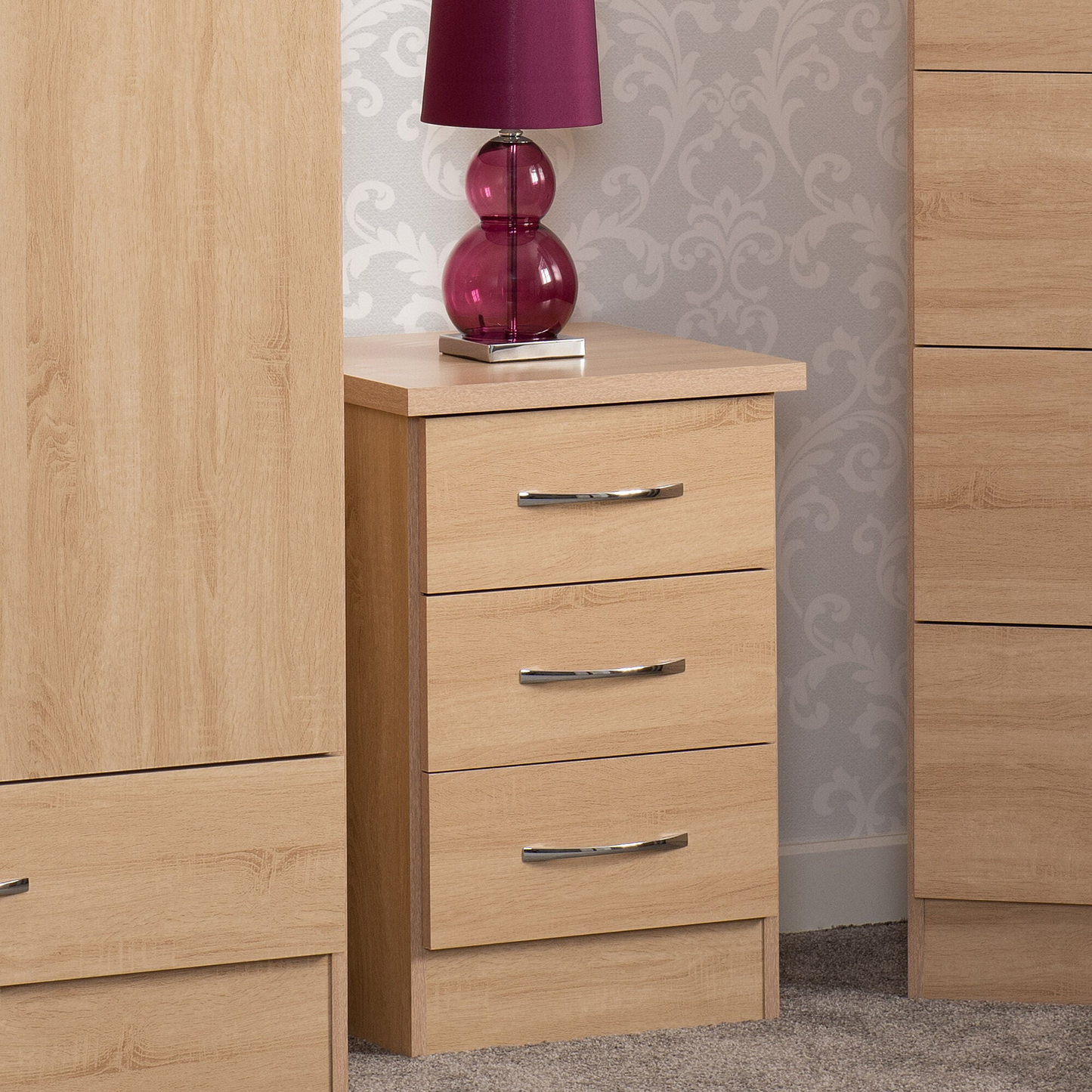 Nevada 3 Drawer Bedside – Sonoma Oak Effect Storage