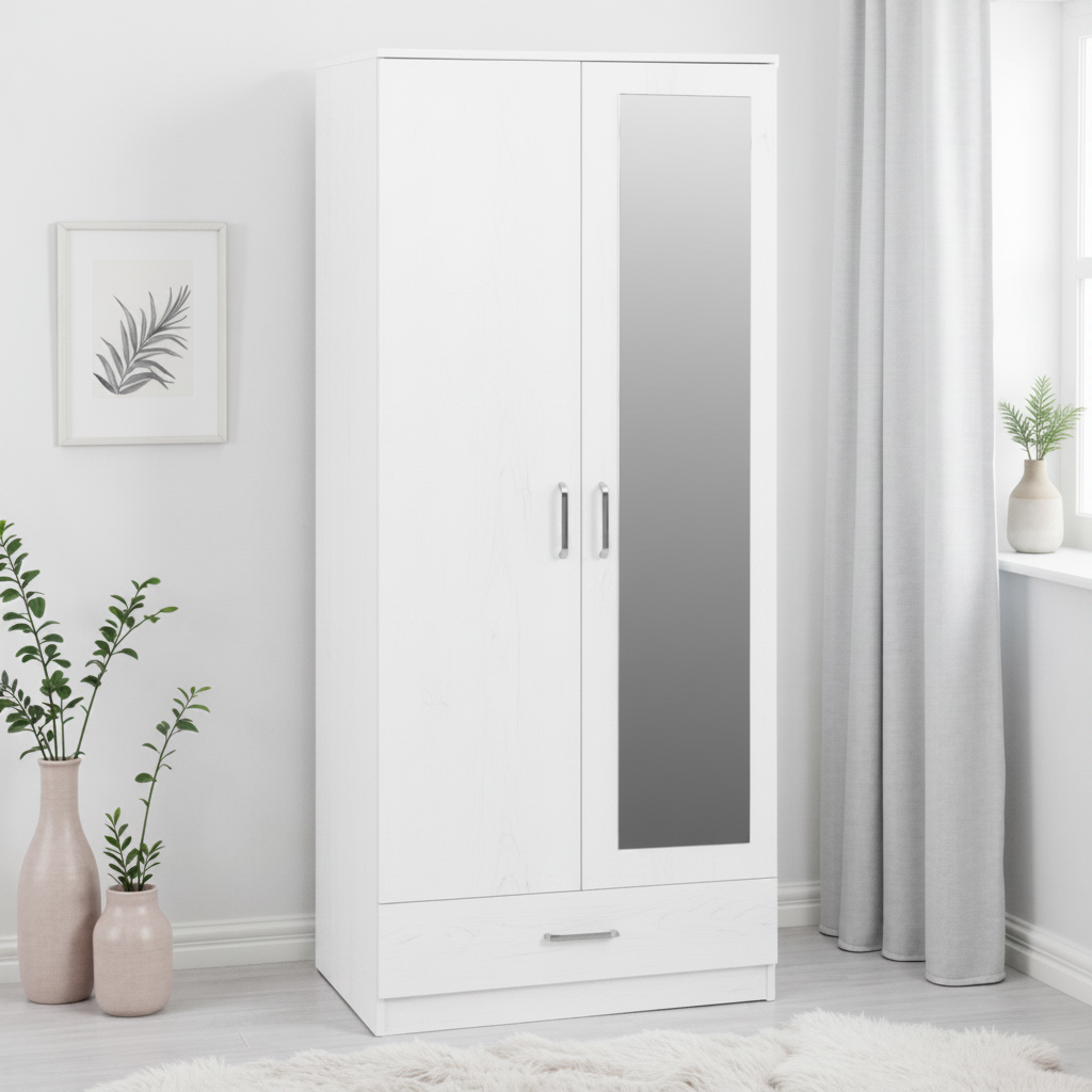 Dakota 2 Door Mirrored Wardrobe with Drawer – White