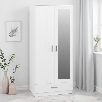 Dakota 2 Door Mirrored Wardrobe with Drawer – White