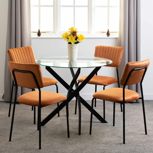 Sheldon Round Glass Top Dining Set - Clear Glass/Burnt Orange Velvet