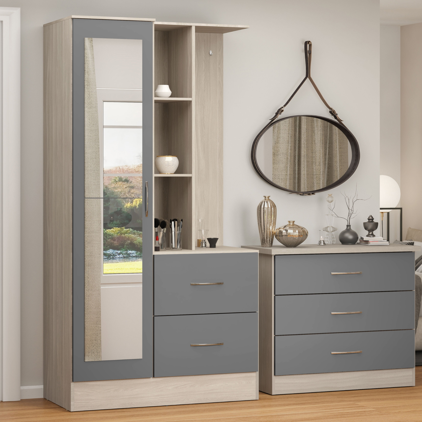Nevada Mirrored Wardrobe - Grey Gloss/Light Oak