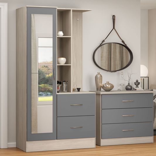 Nevada Mirrored Wardrobe - Grey Gloss/Light Oak