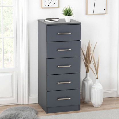 Dakota 5 Drawer Narrow Chest – Dark Grey, Compact Bedroom Storage