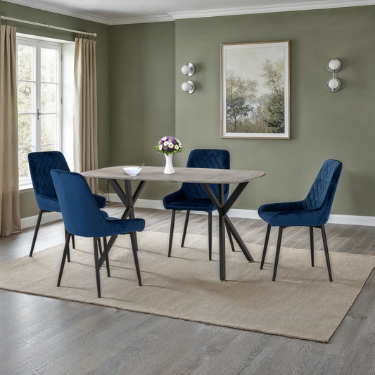Athens Rectangular Dining Set with 4 Avery Chairs - Concrete/Sapphire Velvet