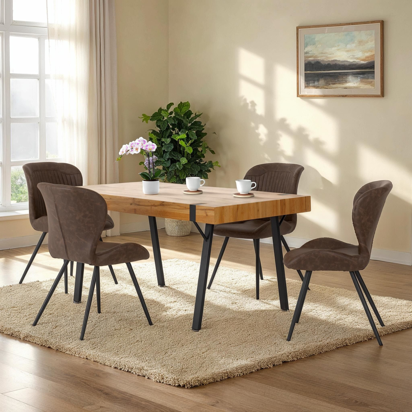 Treviso & Quebec Dining Set - Light Oak Effect/Brown PU