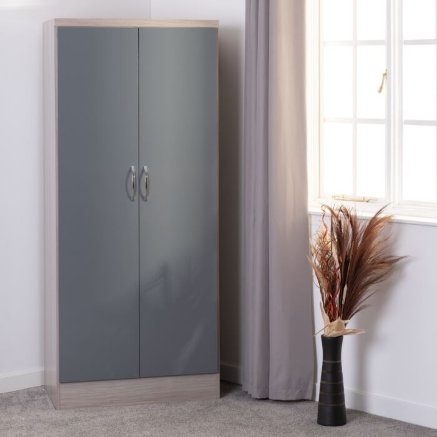 Nevada 2 Door All Hanging Wardrobe – Grey Gloss/Oak