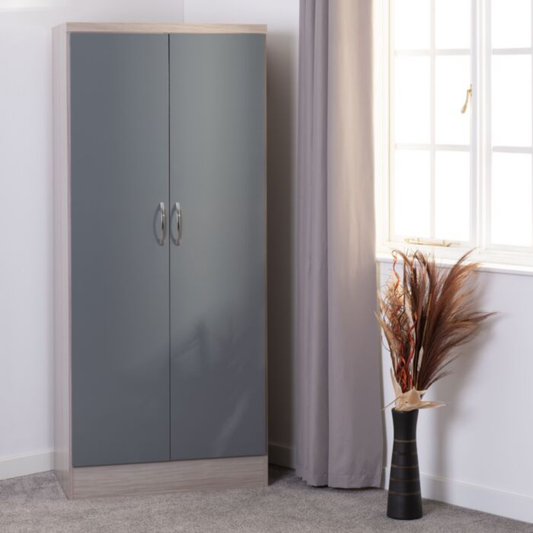 Nevada 2 Door All Hanging Wardrobe – Grey Gloss/Oak