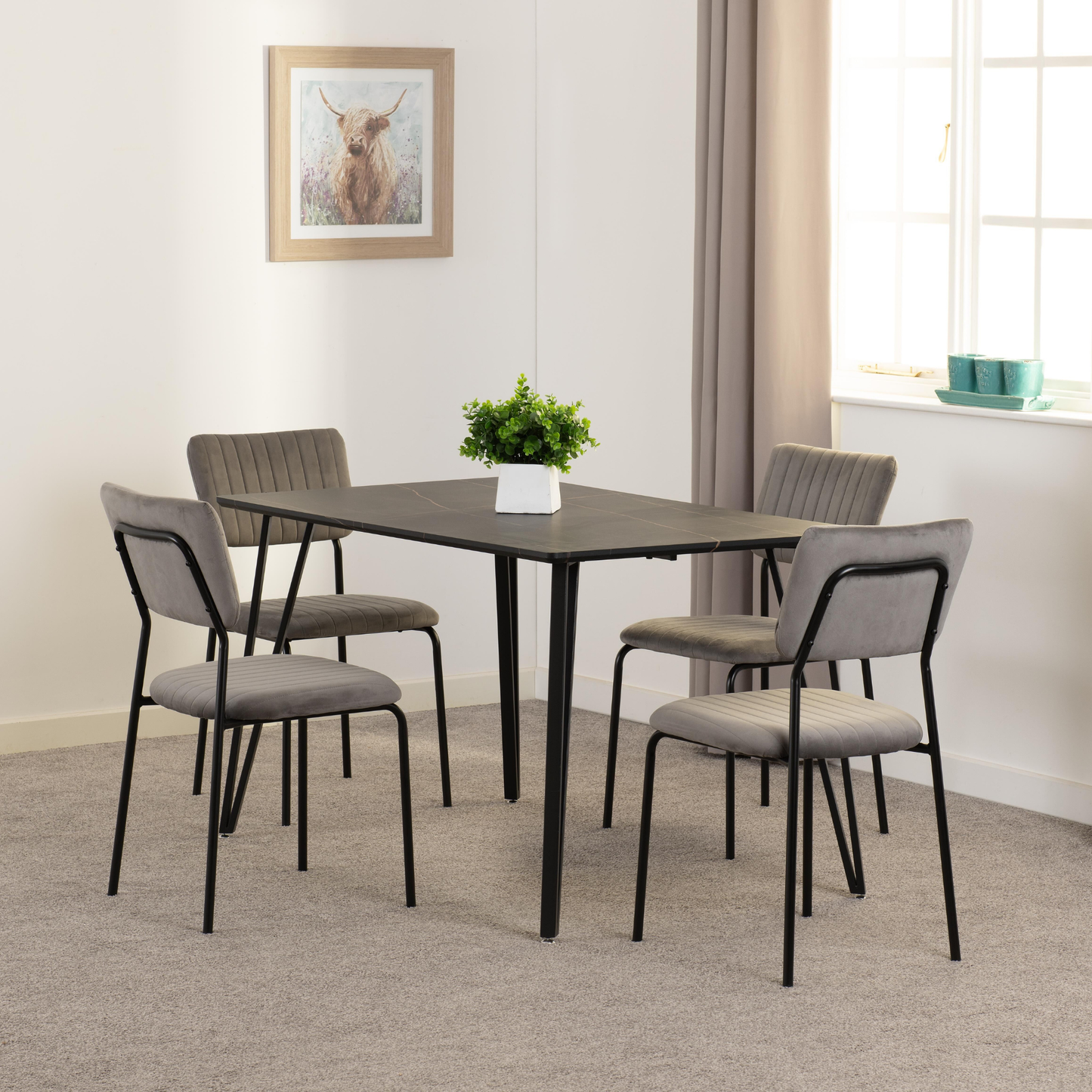 Marlow & Sheldon Dining Set - Black Marble/Grey Velvet (4 Chairs)
