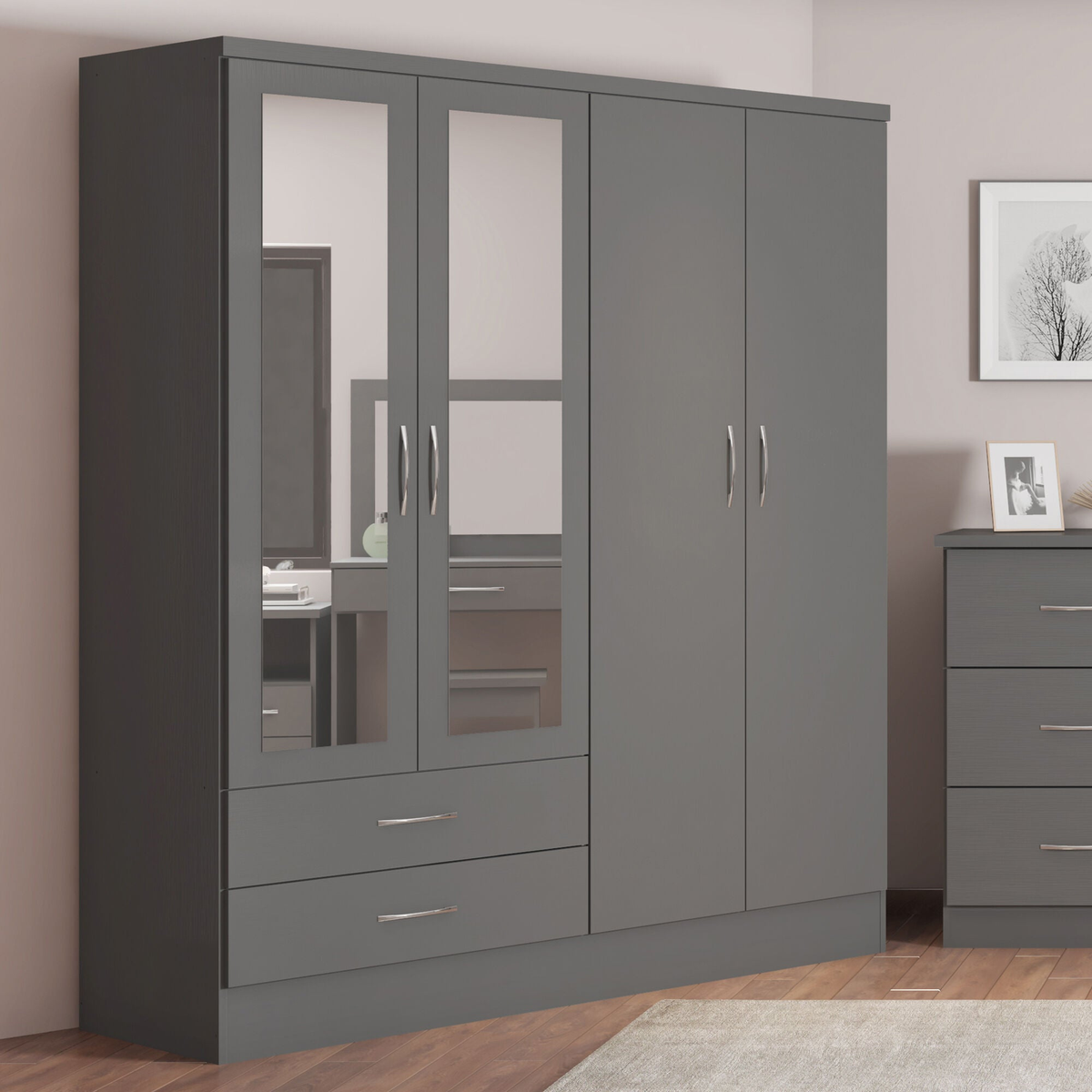 Nevada 4 Door 2 Drawer Wardrobe - 3D Effect Grey