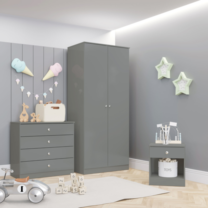Denver Trio Set Grey Gloss Wardrobe Chest & Bedside