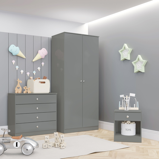 Denver Trio Set Grey Gloss Wardrobe Chest & Bedside