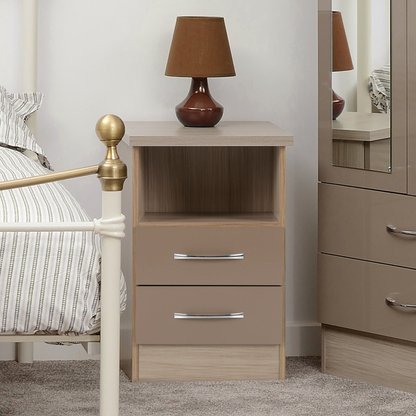 Nevada 2 Drawer Bedside – Oyster Gloss/Light Oak Effect