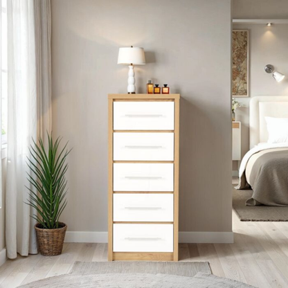 Seville 5 Drawer Narrow Chest - White Gloss/Light Oak Effect