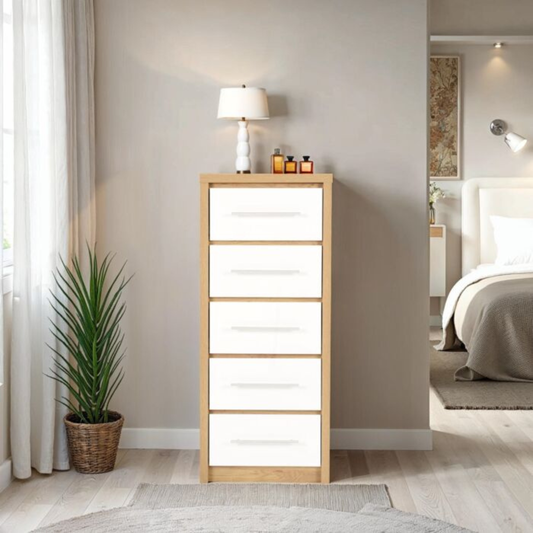 Seville 5 Drawer Narrow Chest - White Gloss/Light Oak Effect